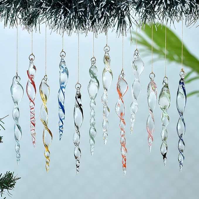 Icicles Ornaments- 12 Piece- Glass Icicles Christmas Ornaments- Hanging Crystals for Centerpieces- Christmas Crystal Ornaments- Chandelier Drop- Drop Ornaments-5.5 Inch